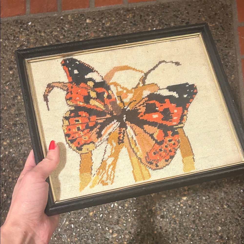 Framed Butterfly needle point crewel wall decor art